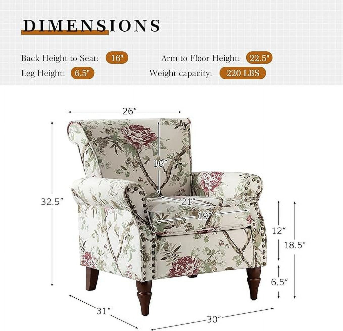 Wooden Upholstered Accent Chair Set of 2 with Removable Cushion Wingback Floral Lounge Sofa Set Nailhead Trim X374929