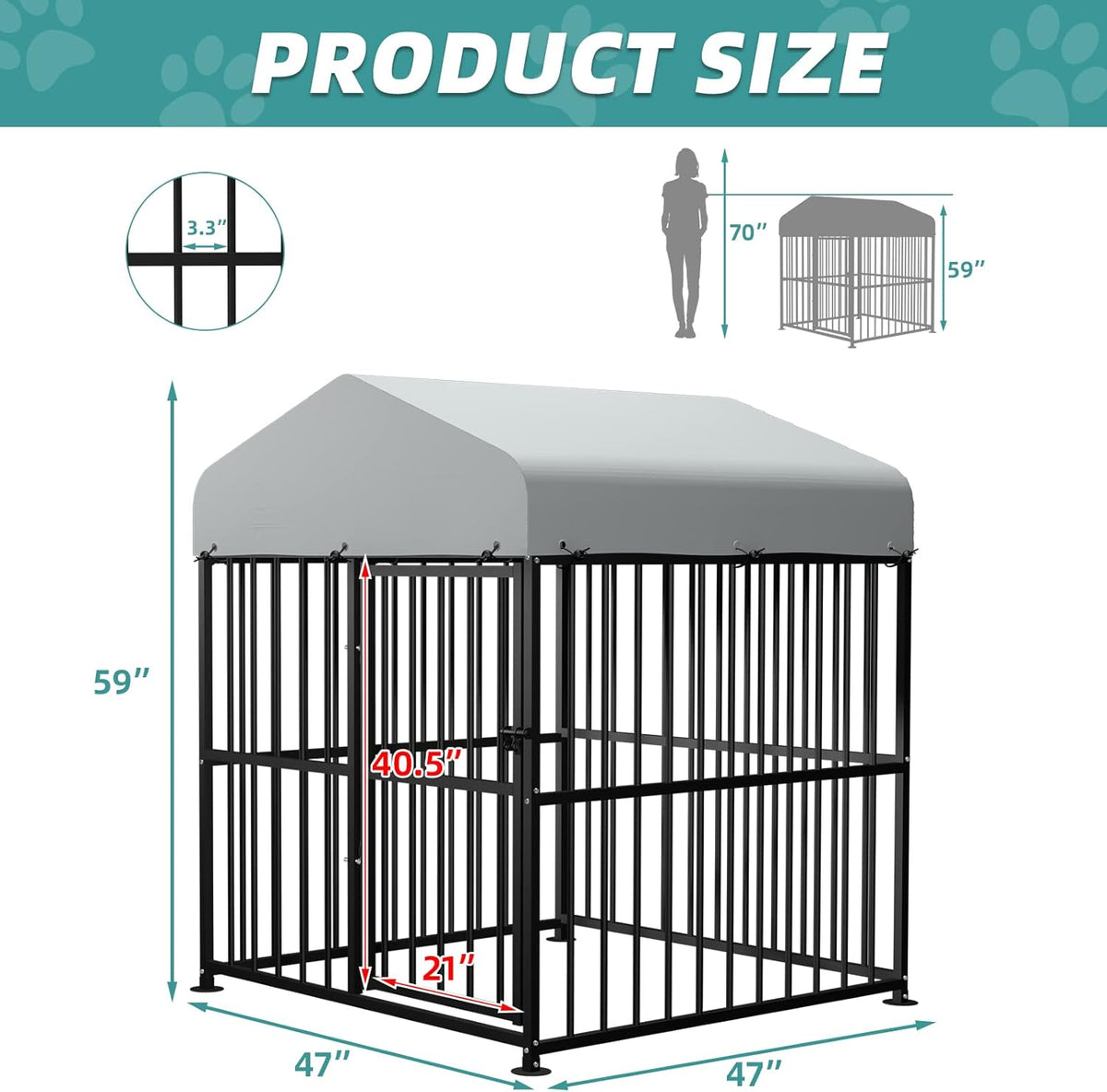 Large Outdoor Metal Dog Kennel with Top Cover, 4'L x 4'W x 5'H D9467