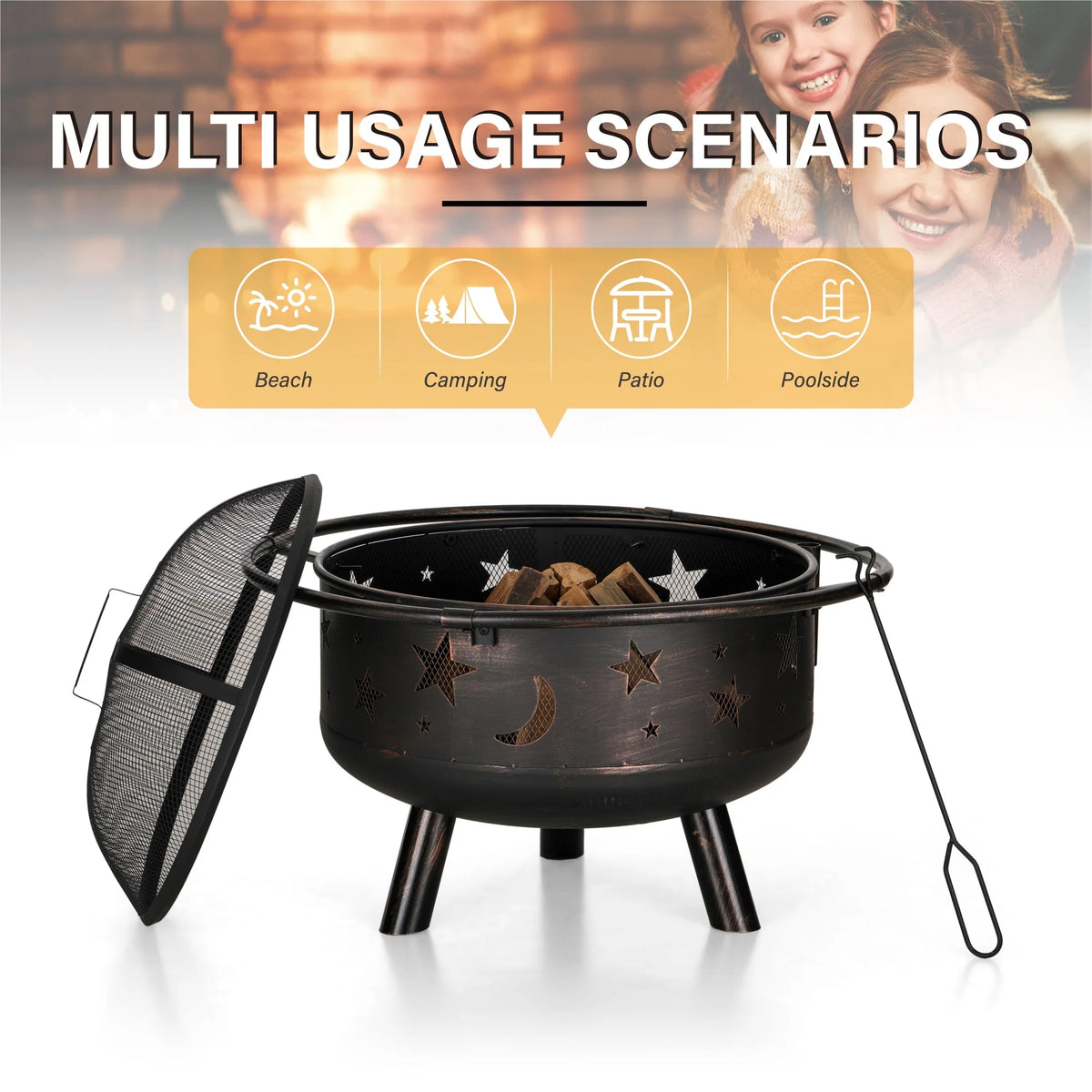 30 2 in 1 Wood Burning Fire Pit with Cover, Poker, BBQ Net - Black Q4112