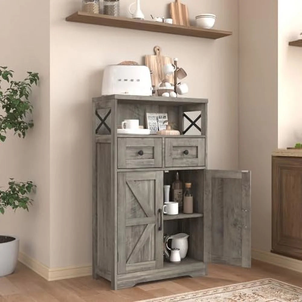 Farmhouse Cabinet with Drawers and Freestanding Kitchen Pantry Floor Cabinet Hutch Cupboard Rustic Grey I64163