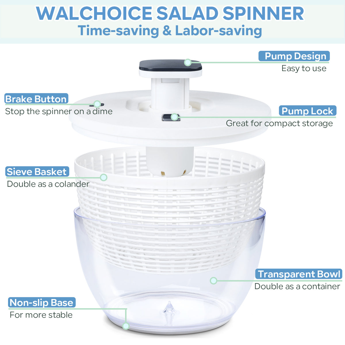 White 6 Quart Manual Salad Spinner with Colander Basket O6633
