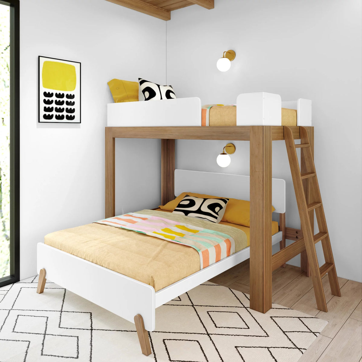 Twin over Full L-Shaped Bunk Bed White Pecan Solid Wood B440