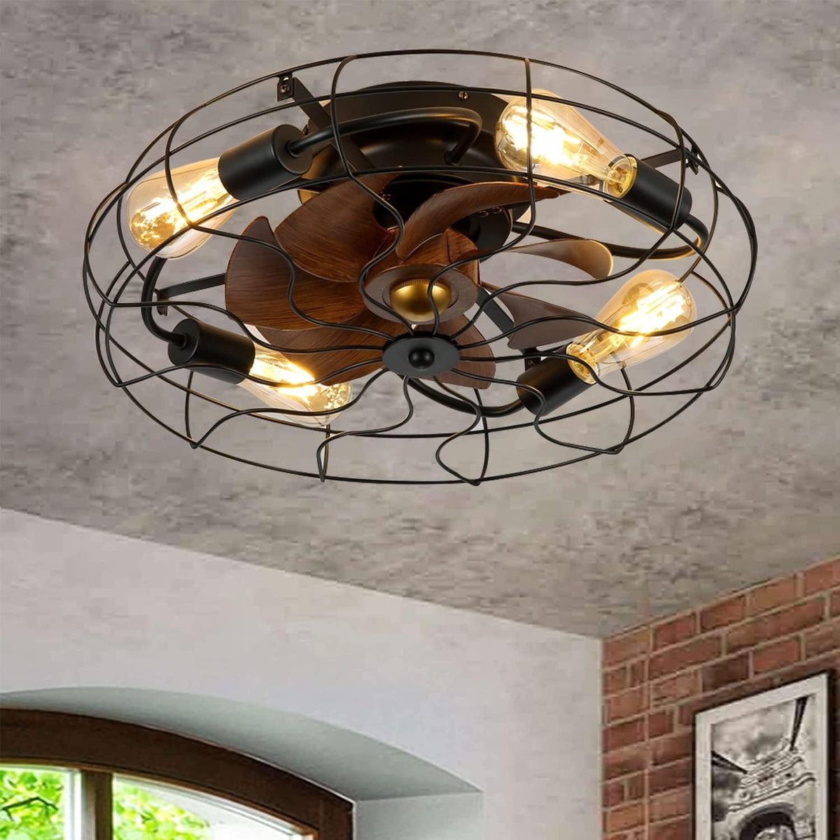 20'' Flush Mount Low Profile Caged Bladeless Ceiling Fan with Lights and Remote Control C3081