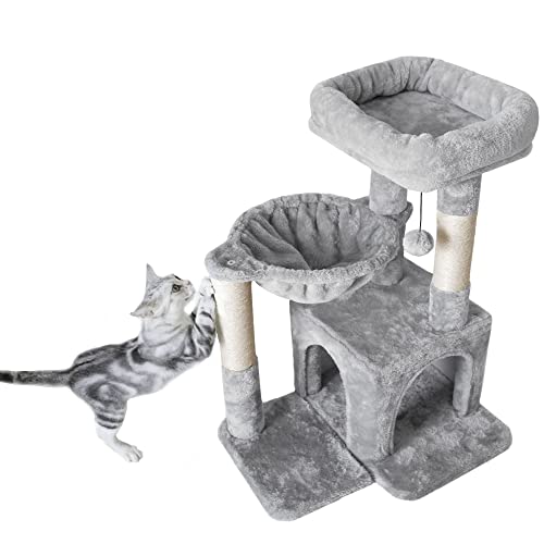 Small Light Gray Cat Tree with Sisal Scratching Post and Hammock S920902