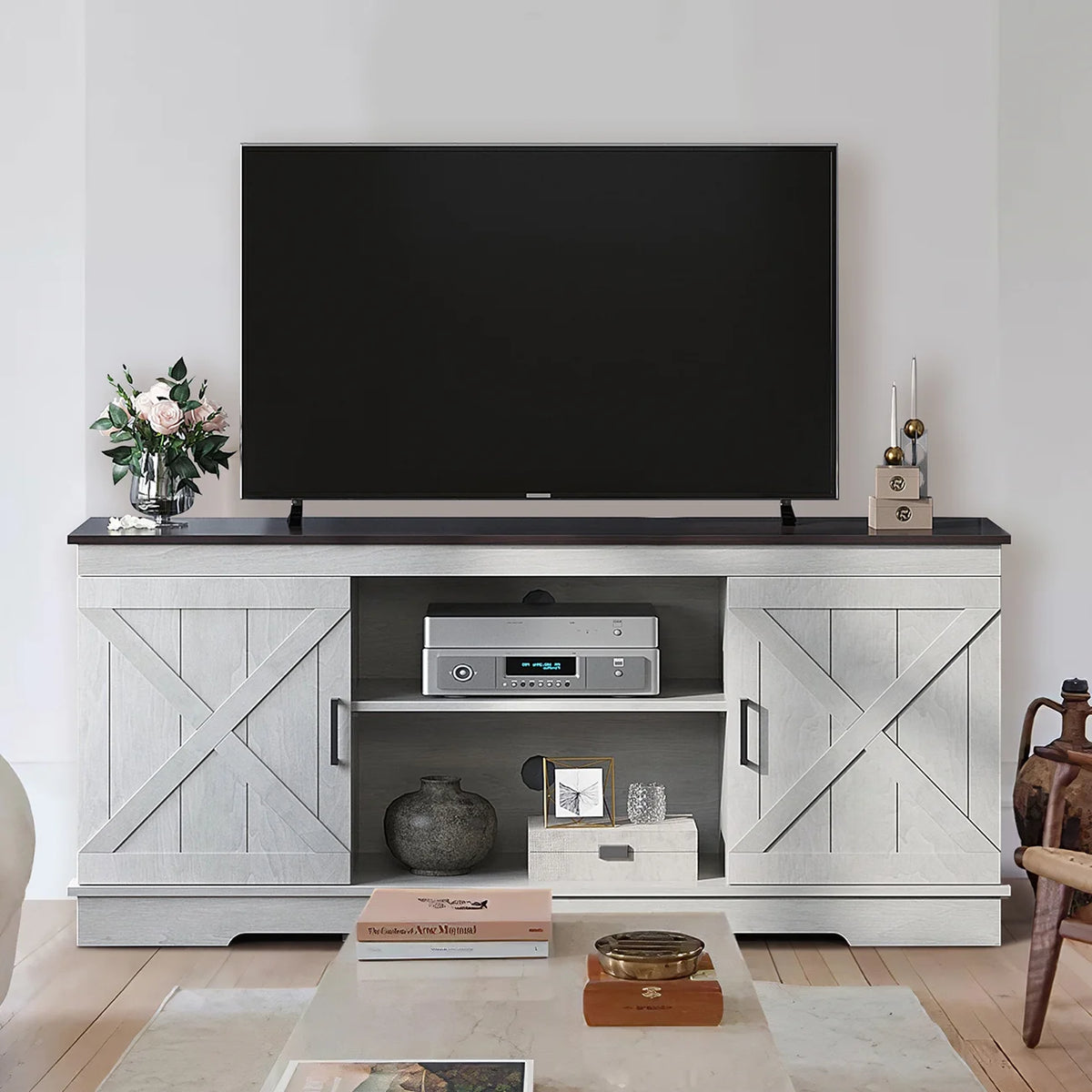 Farmhouse TV Stand for 65 inch TV with Double Barn Doors W115