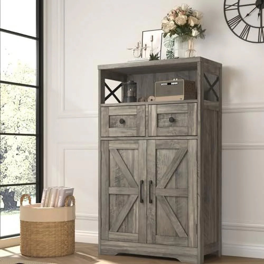 Farmhouse Cabinet with Drawers and Freestanding Kitchen Pantry Floor Cabinet Hutch Cupboard Rustic Grey I64163