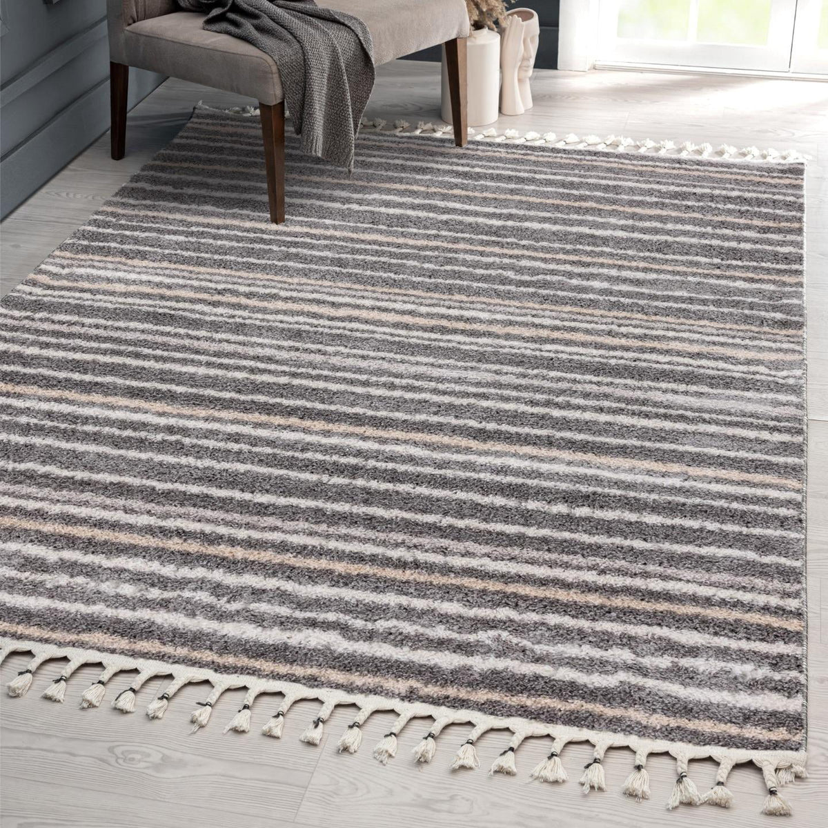 Striped Fringed Shag Gray 8x10 Area Rug J979