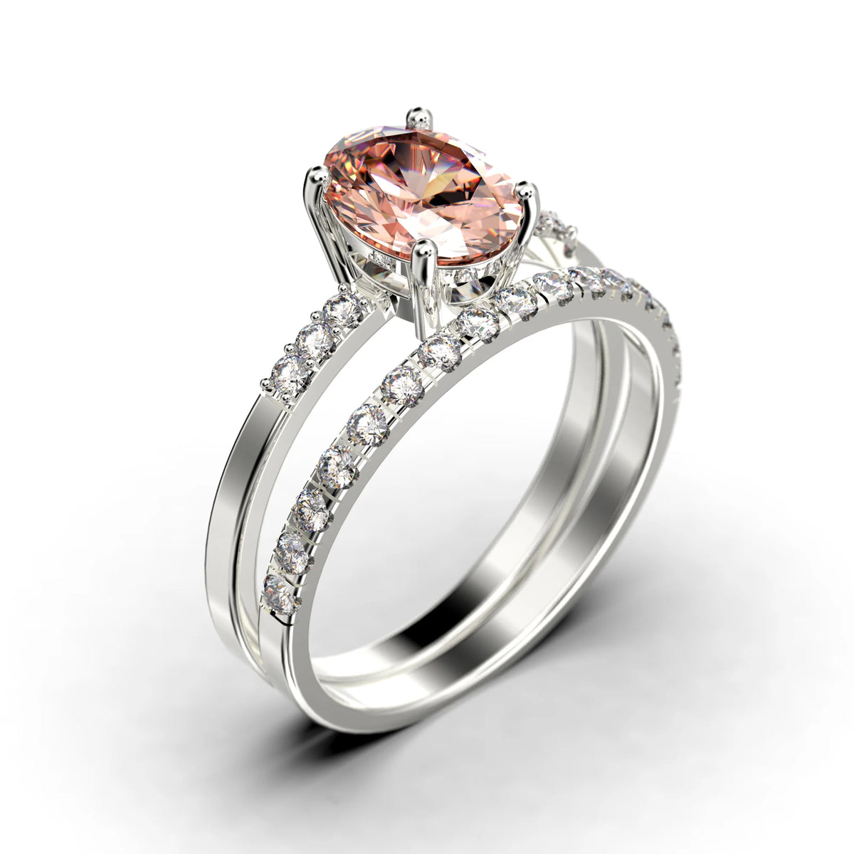 2.00 Carat Oval Cut Morganite And Diamond Moissanite Engagement Ring in 925 Sterling Silver With 18k White Gold Plating D102