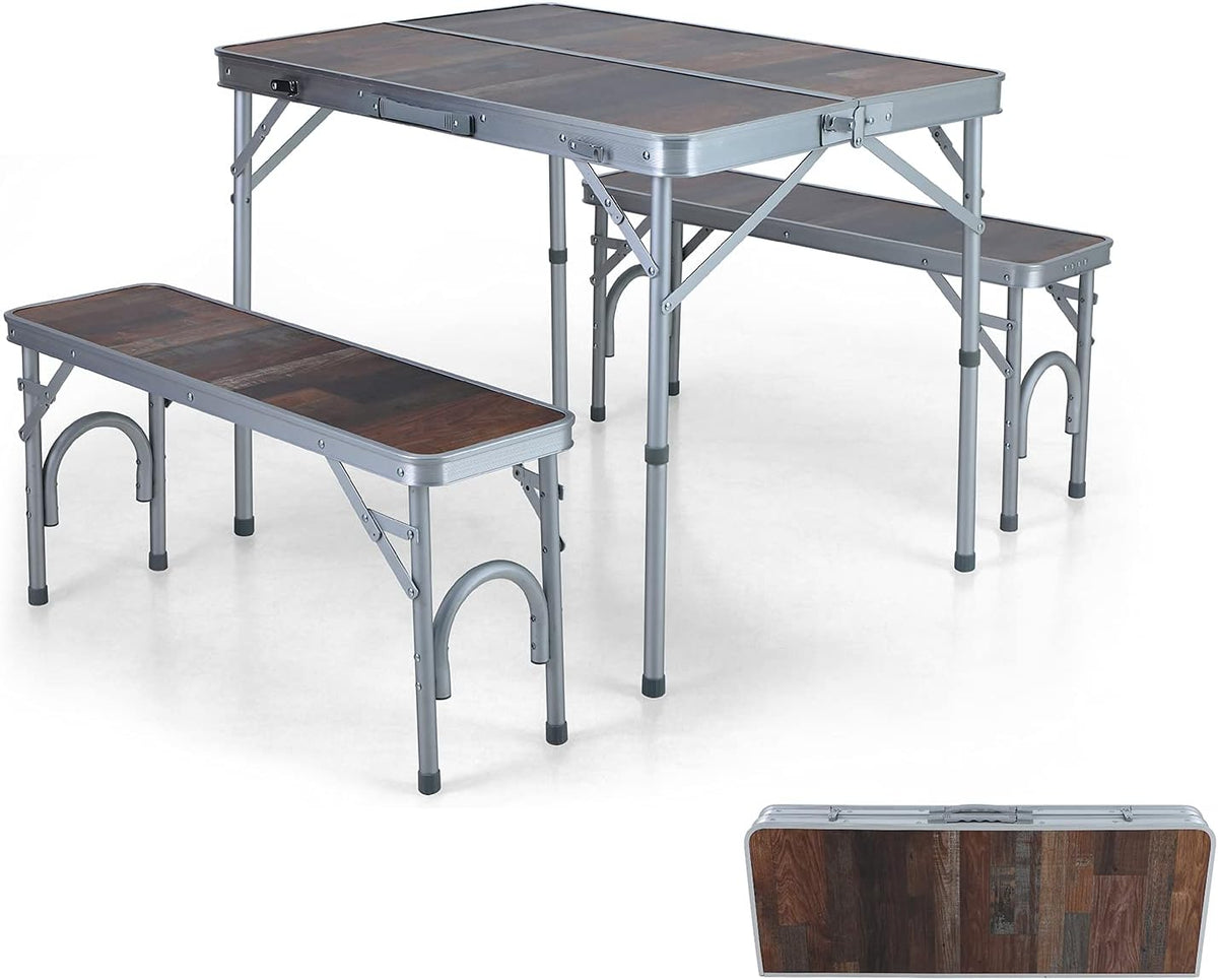 3 Pc Folding Table and Benches Set Aluminum Adjustable Camping Table N46723