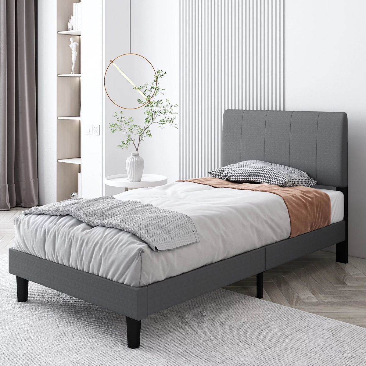 Gray Twin Upholstered Platform Bed Frame with Wood Slat Support C991