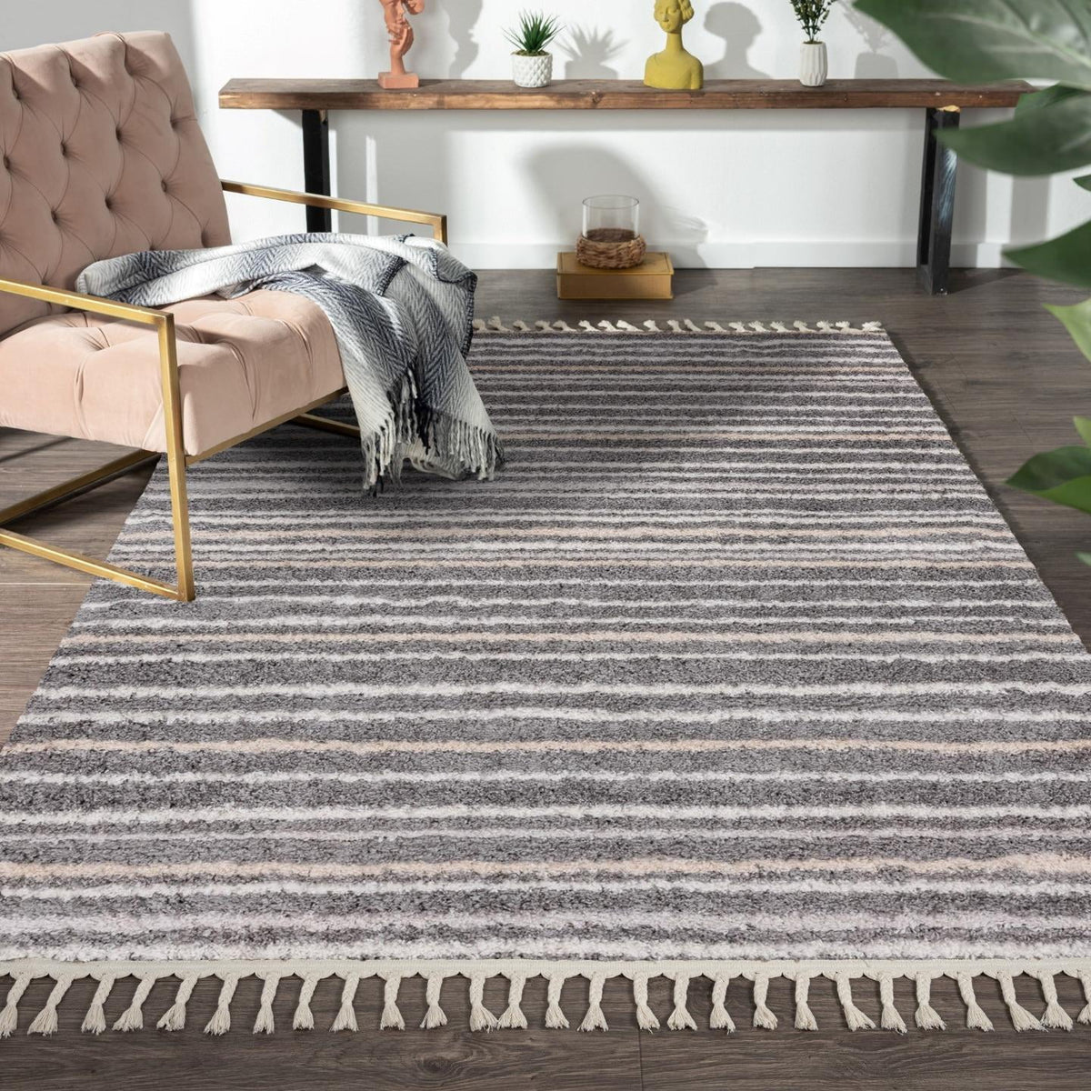 Striped Fringed Shag Gray 8x10 Area Rug J979