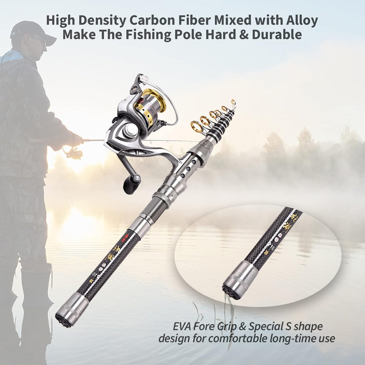 Fishing Rod and Reel Combo Carbon Fiber Telescopic Fishing Pole with Carrier Bag L404542
