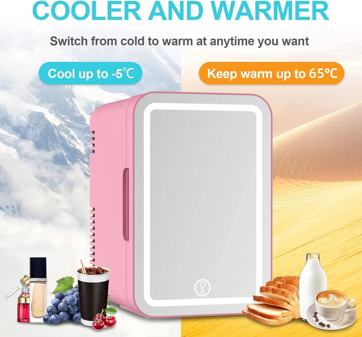 Pink Portable Makeup Skincare Fridge with LED Mirror A487