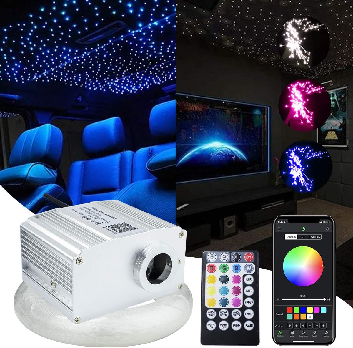10W Fiber Optic Light Star Ceiling Kit with Bluetooth APP Control LED RGBW Engine Driver, 380pcs Fiber Optical Cables 9.8ft/3m Y33100