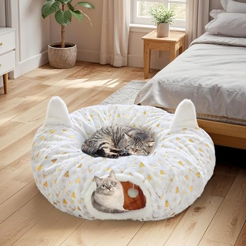 Foldable Plush Cat Tunnel Bed with Hanging Toy Ball O26283