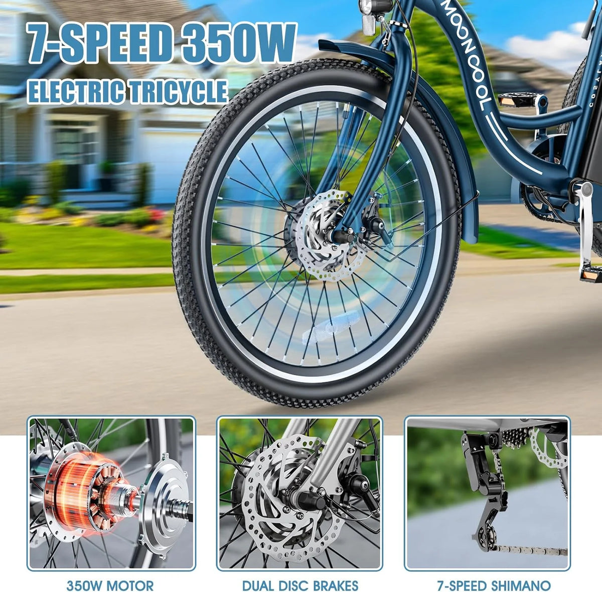 24 26 3 Wheel Electric Tricycle 350W 36V 7 Speeds with Large Basket M1246