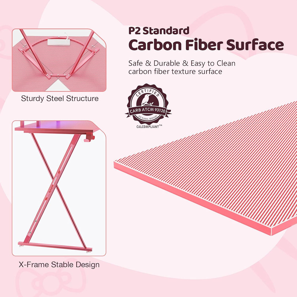 Pink L-Shaped Gaming Desk with LED Strip, Power Outlets, Monitor Stand, Cup Holder, Headphone Hook U4997
