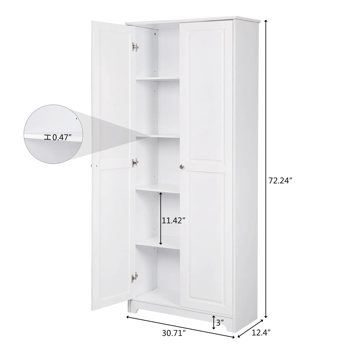 White 72" Wood Pantry Cabinet with 4 Adjustable Shelves G8561