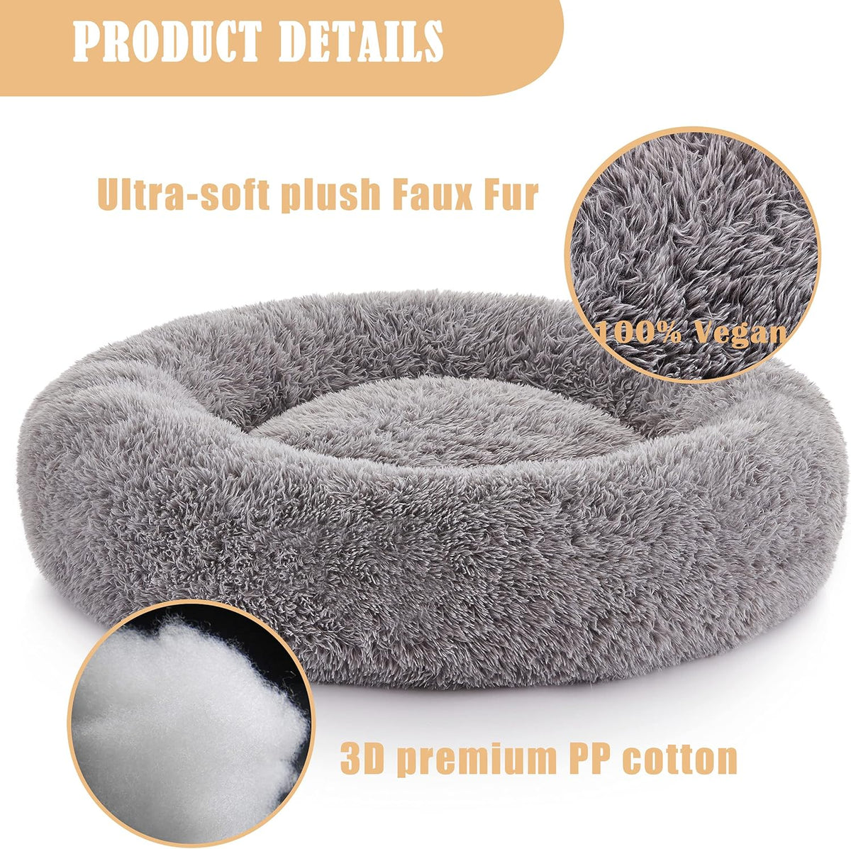 Waterproof Fluffy Round Dog Bed, 23/30/34 inches Anti-Slip Soft Fur Donut Cuddler Pet Cushion Bed Q540