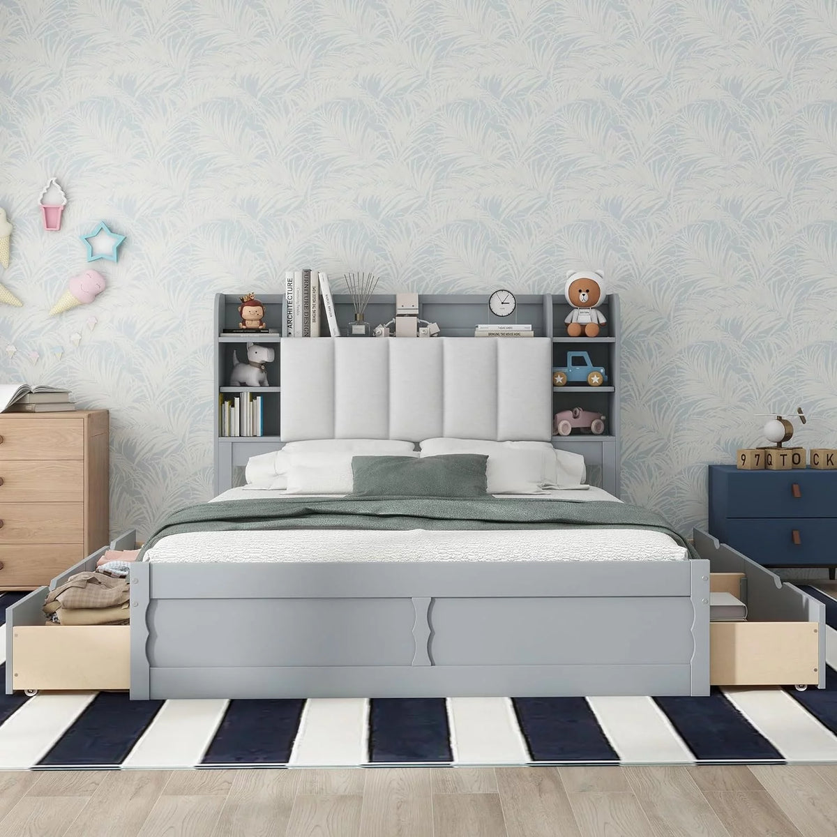 Queen Size Wood Platform Bed Frame with 4 Storage Drawers M900418