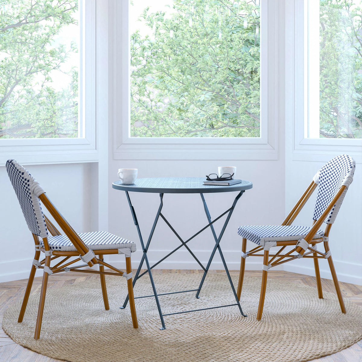 Set of Two Stacking Bistro Chairs with White and Navy Patterned Seats and Backs K16834