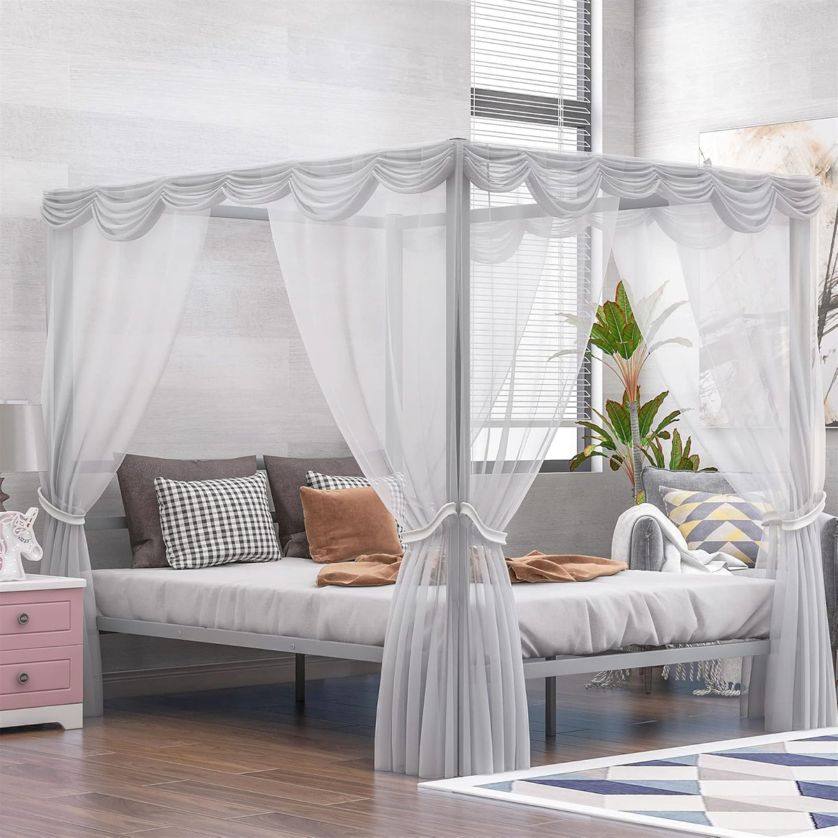 Queen Size White Metal Canopy Bed with Headboard G459
