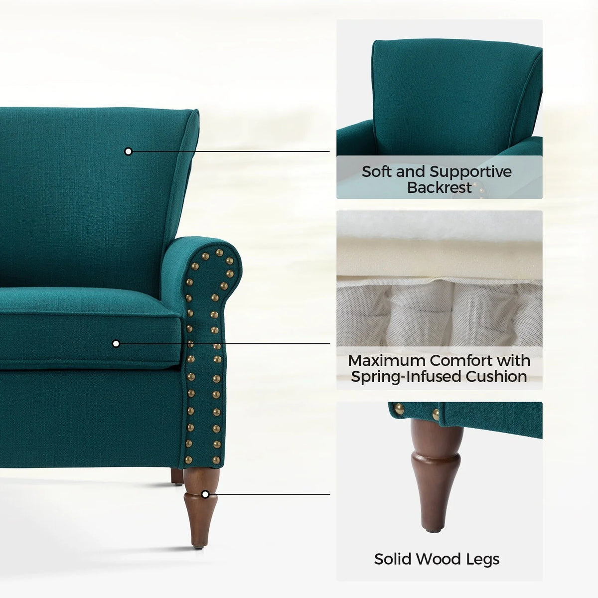 Teal Upholstered Accent Chair with Turned Wooden Legs and Nailhead Trim P888