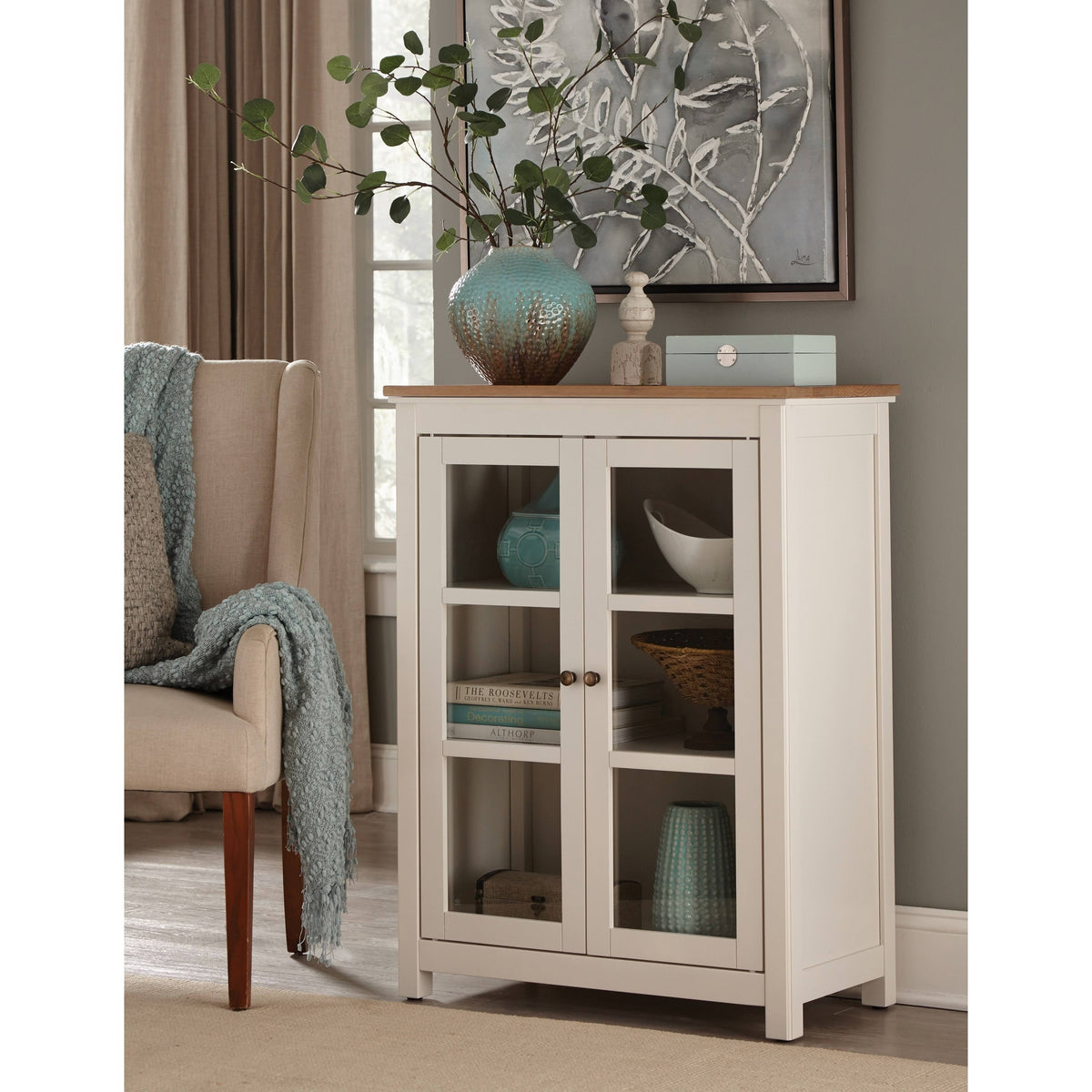 Ivory Pie Safe Cabinet with Natural Wood Top P628