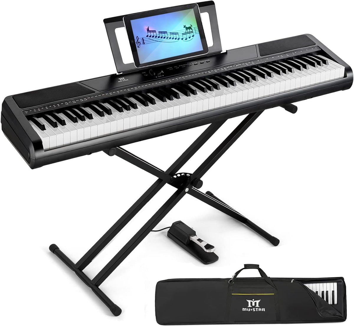 White Digital Piano 88 Weighted Keys with Stand, Bluetooth Connection, Portable Case, Sustain Pedal N4338