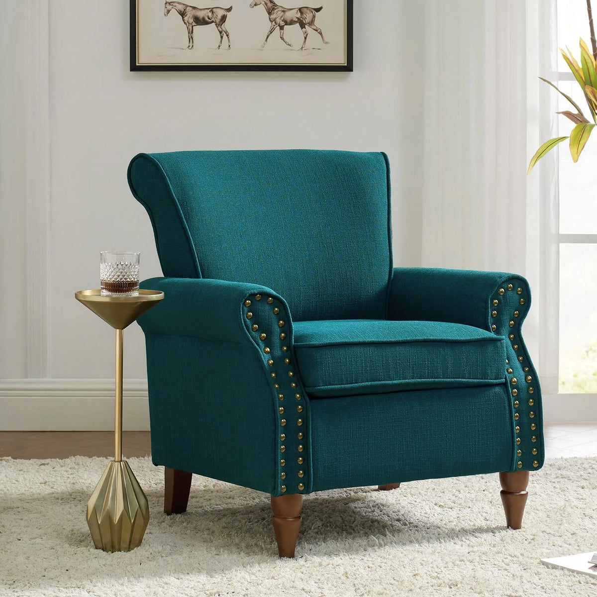 Teal Upholstered Accent Chair with Turned Wooden Legs and Nailhead Trim P888