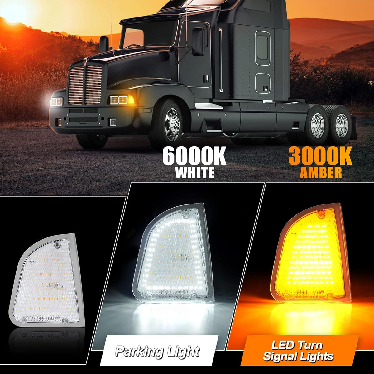 Front LED Turn Signal and Parking Lights Assembly for Kenworth T600 T660 K300 T300 T330, Amber and White, LH & RH, Clear Lens V335356