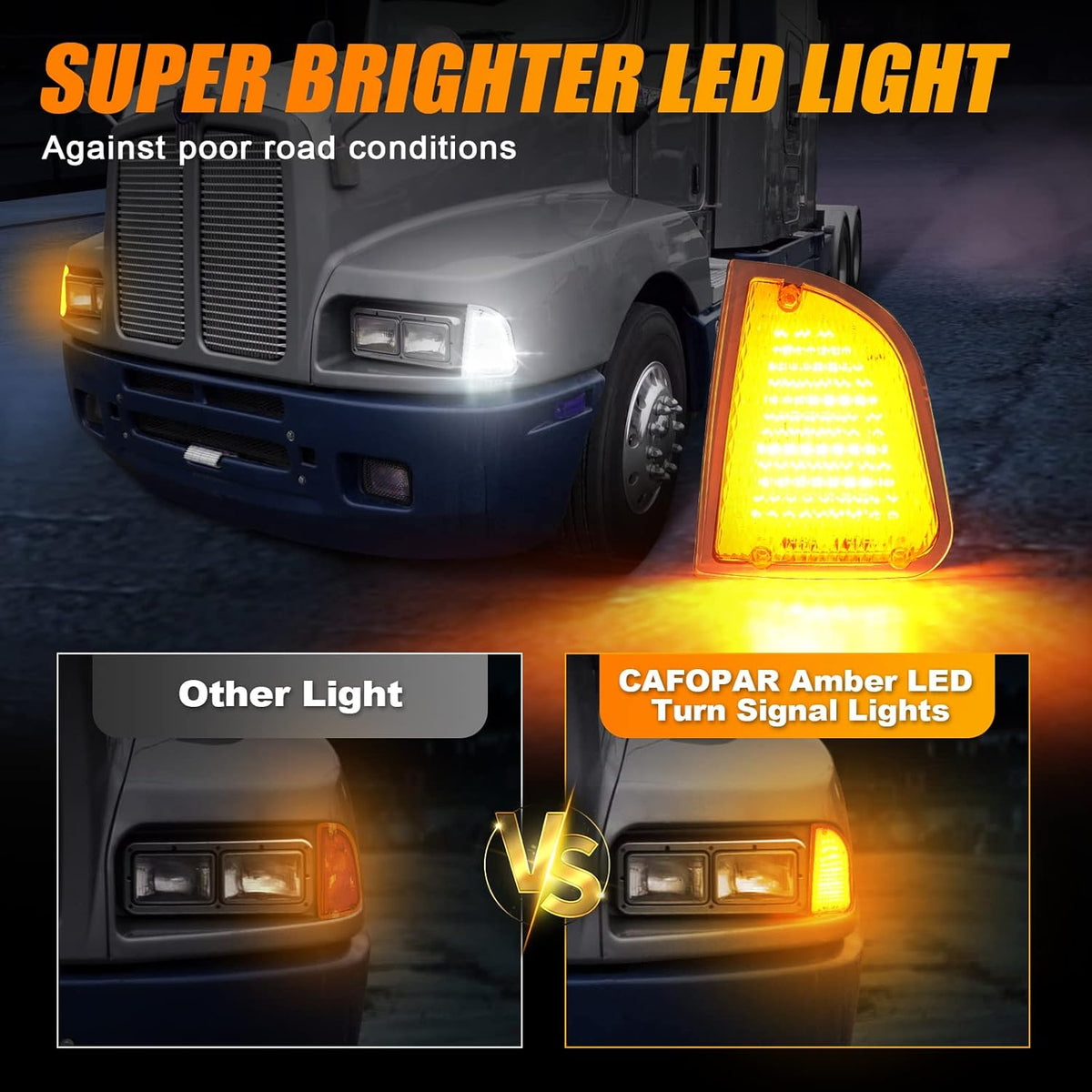 Front LED Turn Signal and Parking Lights Assembly for Kenworth T600 T660 K300 T300 T330, Amber and White, LH & RH, Clear Lens V335356