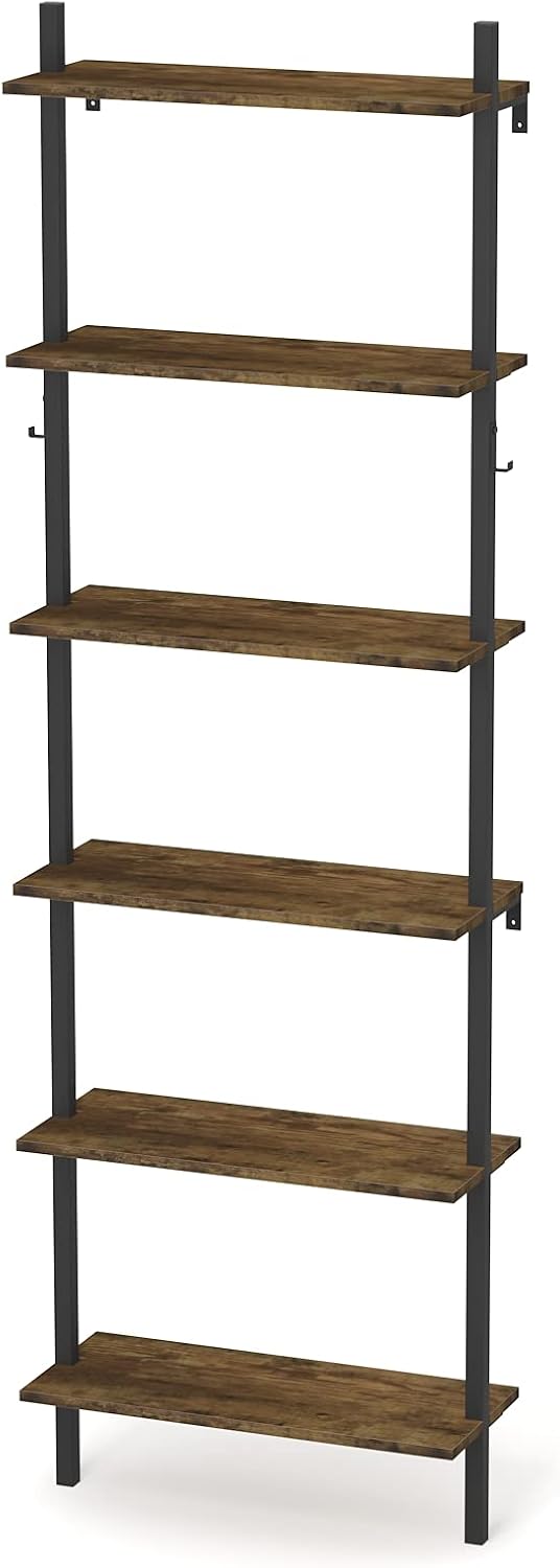 Wall Mounted 6-Tier Open Bookshelf with Hooks M189