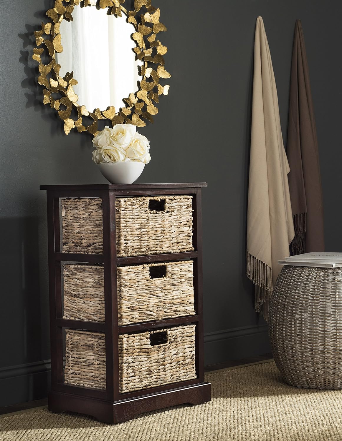 Distressed Black Wicker Basket Storage Side Table Q159716