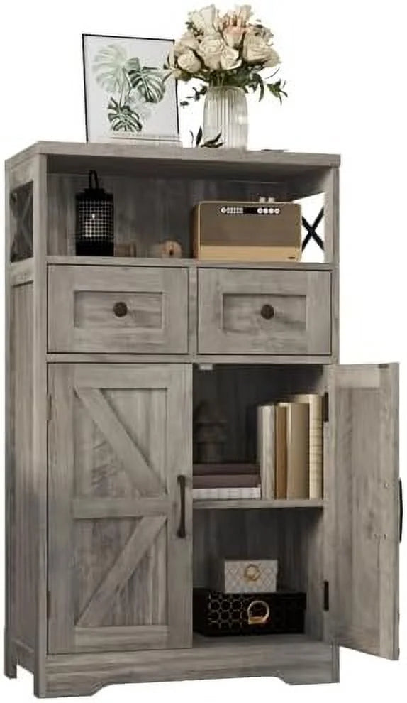 Farmhouse Cabinet with Drawers and Freestanding Kitchen Pantry Floor Cabinet Hutch Cupboard Rustic Grey I64163