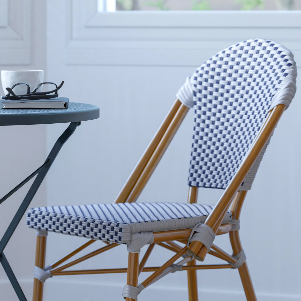 Set of Two Stacking Bistro Chairs with White and Navy Patterned Seats and Backs K16834