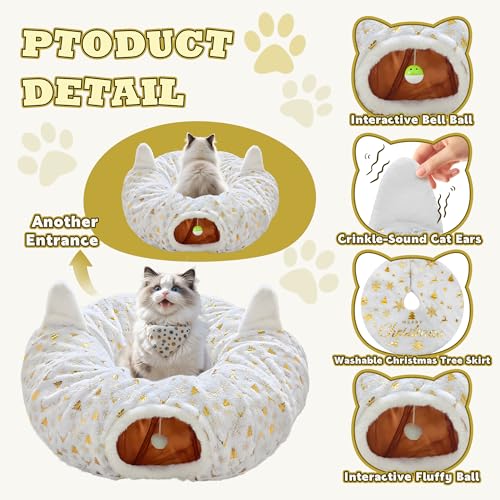 Foldable Plush Cat Tunnel Bed with Hanging Toy Ball O26283