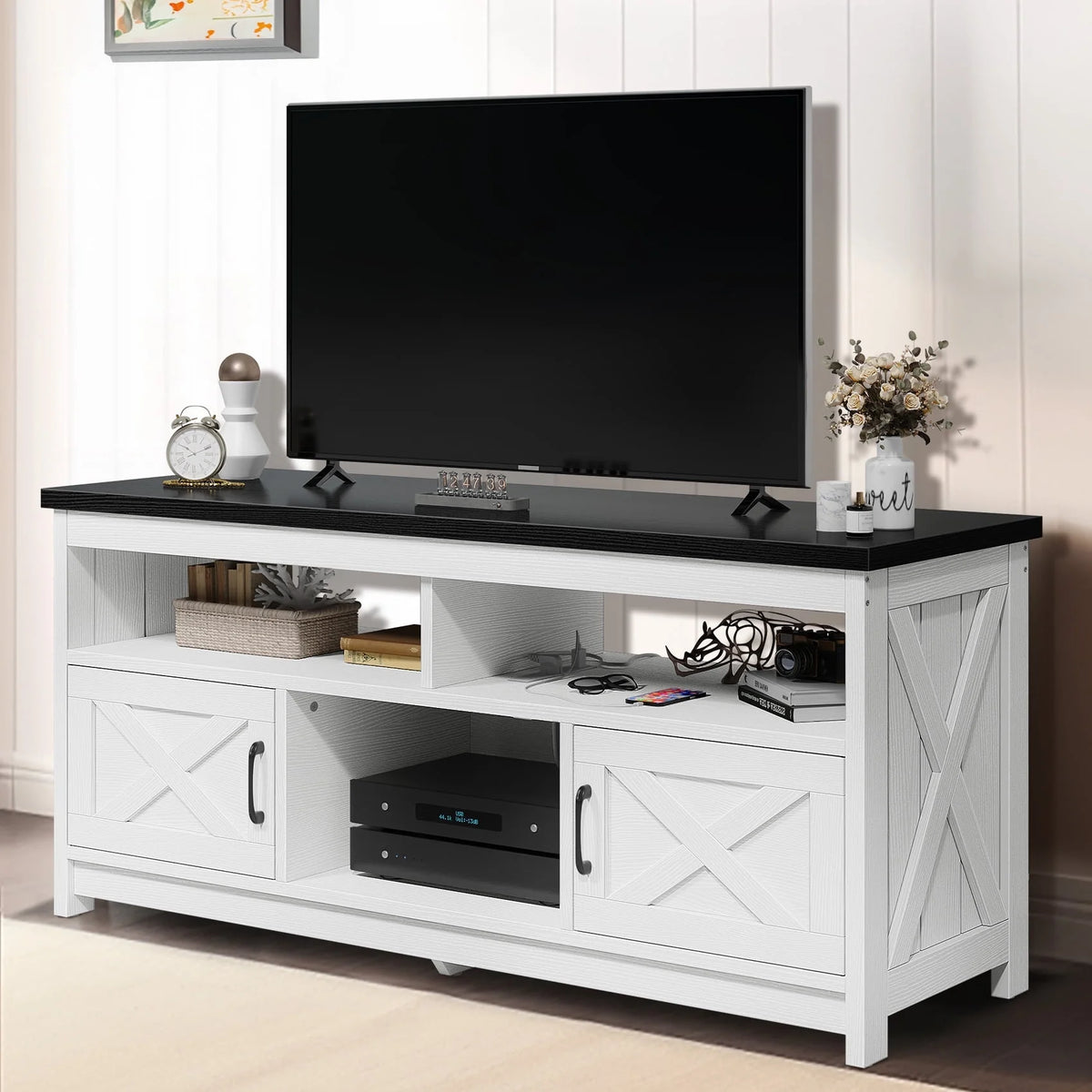 Farmhouse TV Stand for 65 inch TV with Double Barn Doors W115