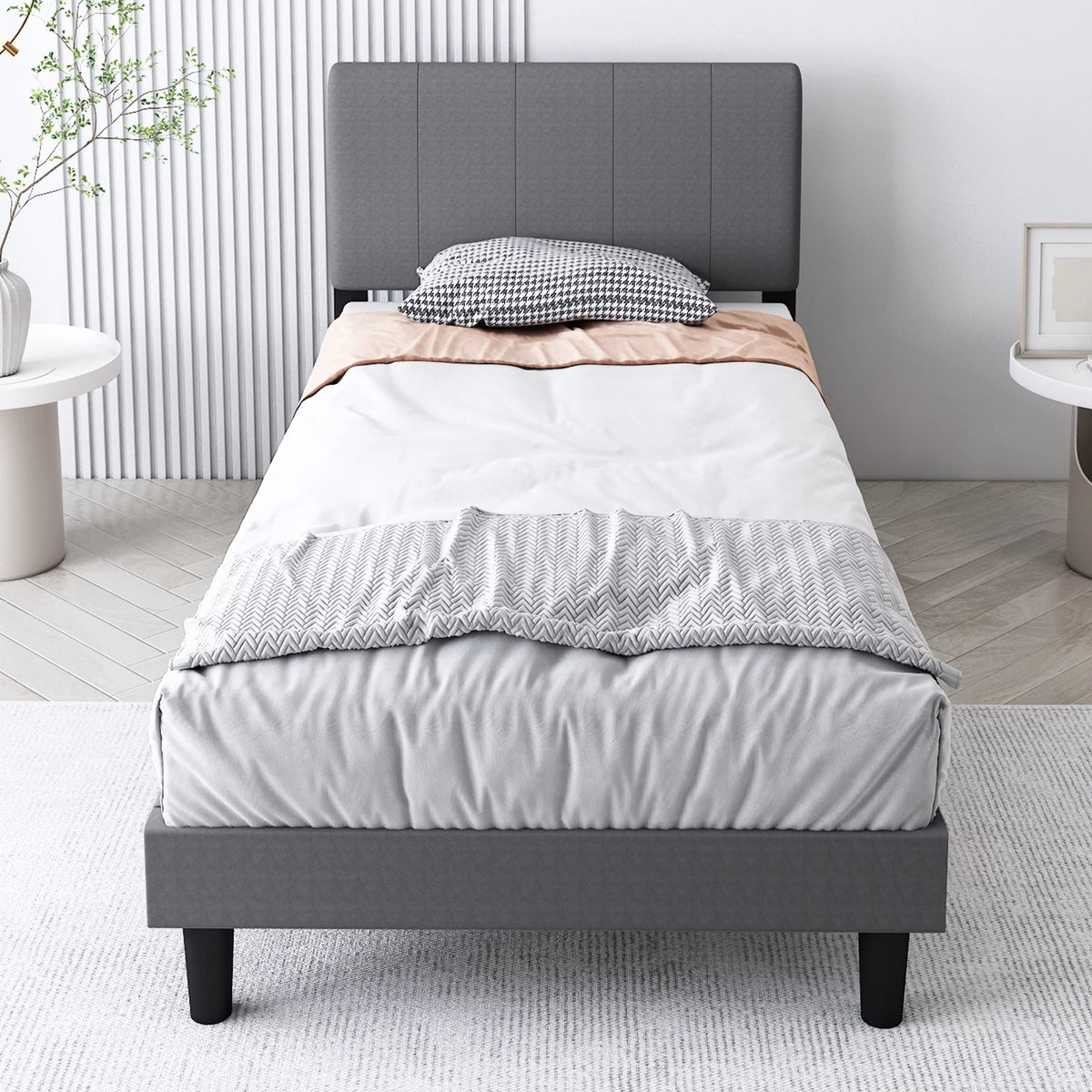 Gray Twin Upholstered Platform Bed Frame with Wood Slat Support C991