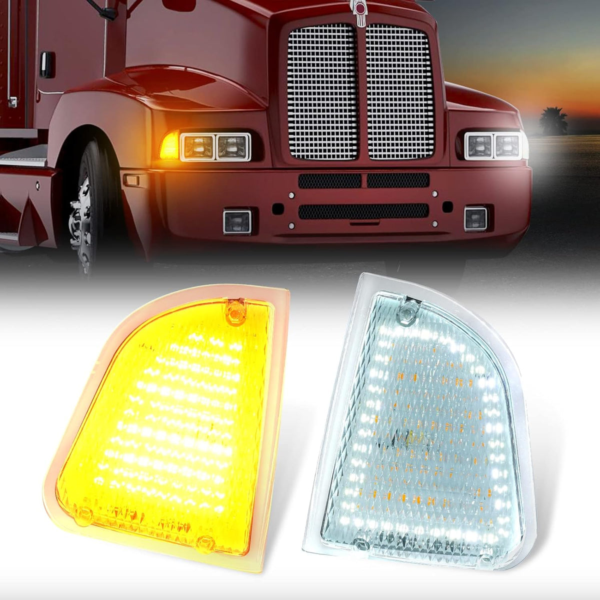 Front LED Turn Signal and Parking Lights Assembly for Kenworth T600 T660 K300 T300 T330, Amber and White, LH & RH, Clear Lens V335356