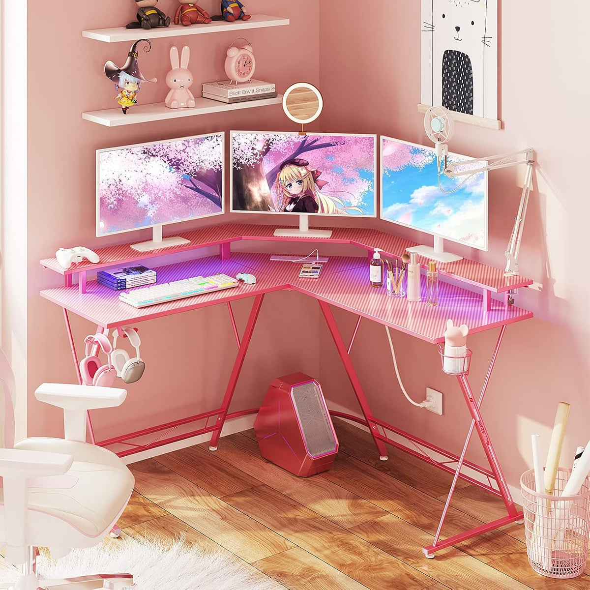 Pink L-Shaped Gaming Desk with LED Strip, Power Outlets, Monitor Stand, Cup Holder, Headphone Hook U4997
