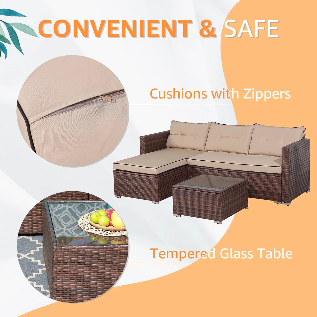 5-Piece Grey Rattan Outdoor Sectional Sofa Set with Glass Coffee Table G77183