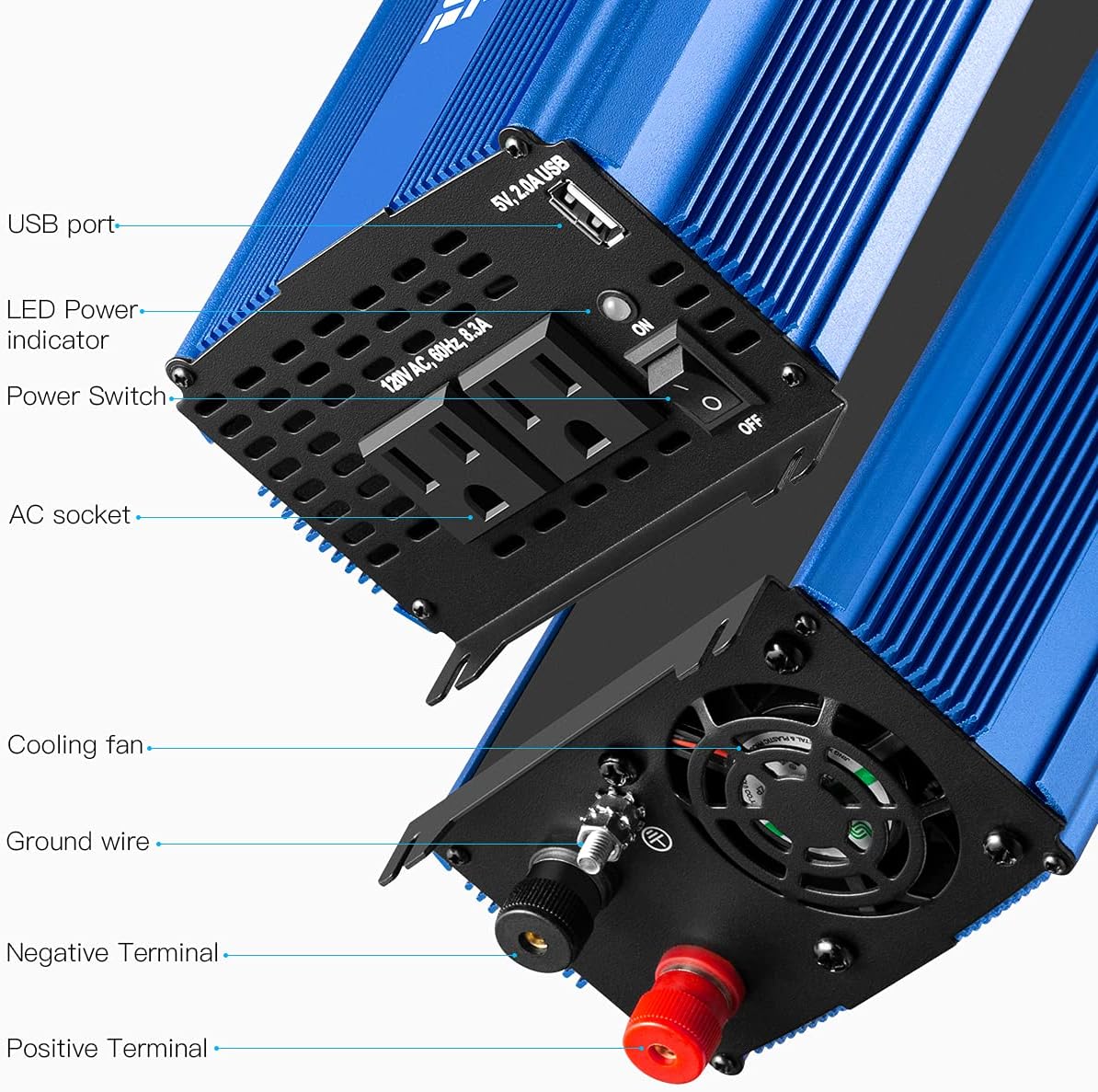 Pure Sine Wave Inverter 1000W DC 12V to AC 110V with Dual AC Outlets & 2A USB Ports X6371