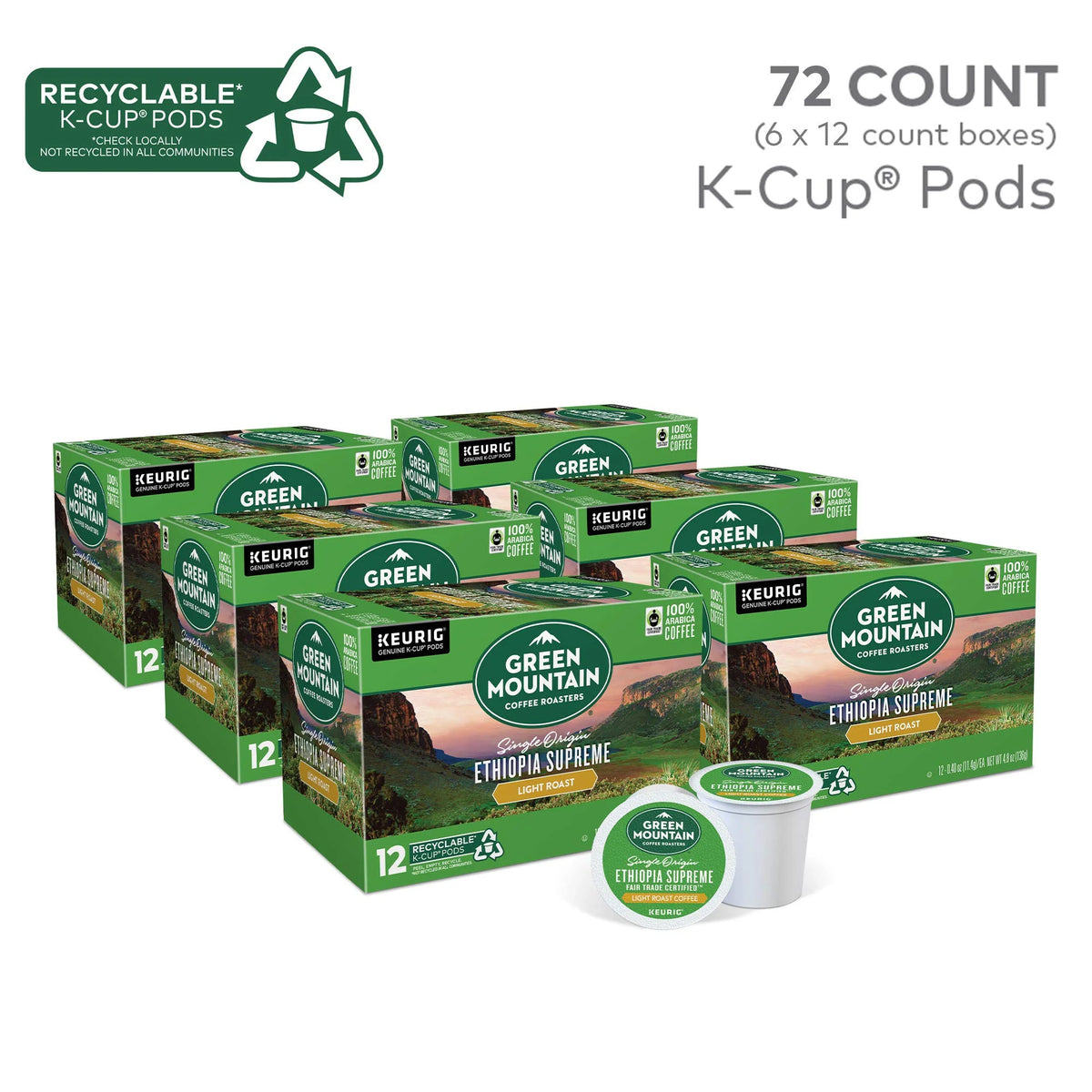 Ethiopia Supreme Light Roast Coffee K Cup Pods, 72 Count M49295