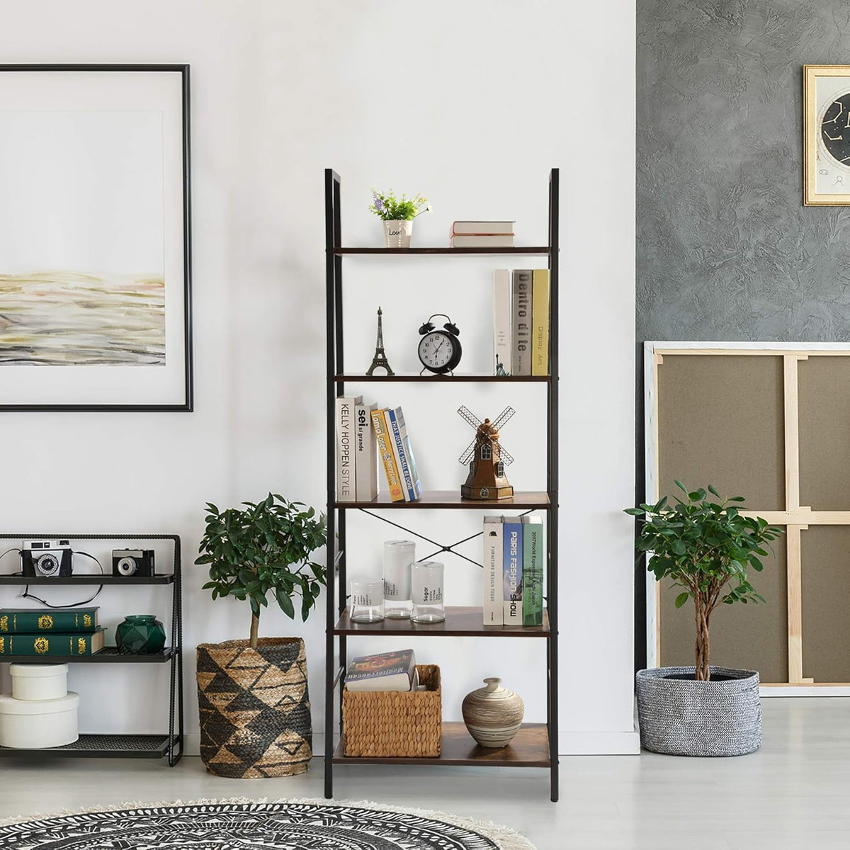 5-Tier Industrial Wood Ladder Shelf D363