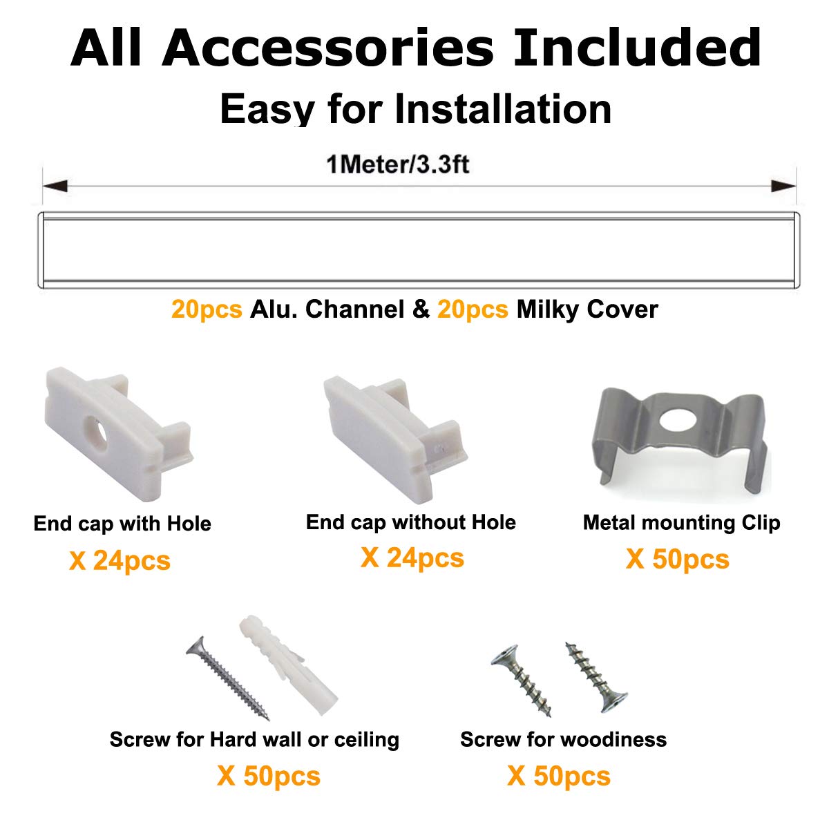 20-Pack 3.3ft U Shape LED Aluminum Channel System with Milky Cover, End Caps and Mounting Clips J7915