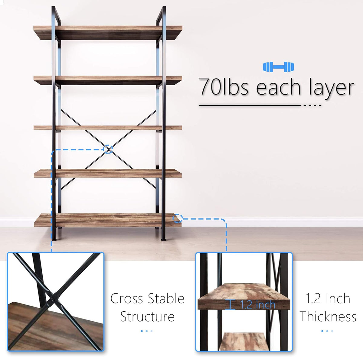5-Tier Vintage Brown Metal and Wood Bookshelf F504