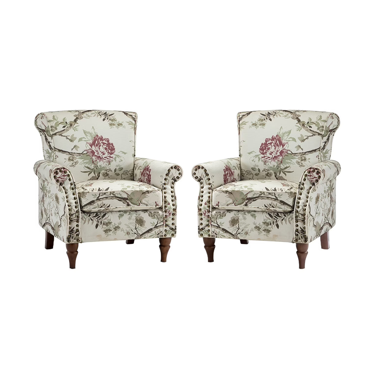 Wooden Upholstered Accent Chair Set of 2 with Removable Cushion Wingback Floral Lounge Sofa Set Nailhead Trim X374929