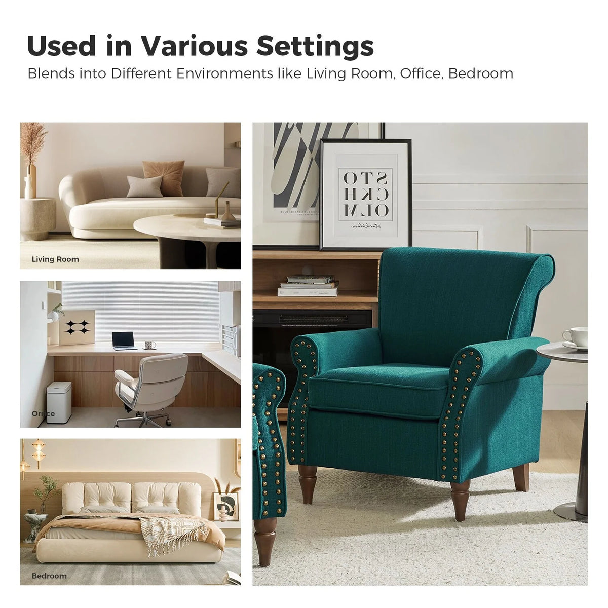 Teal Upholstered Accent Chair with Turned Wooden Legs and Nailhead Trim P888