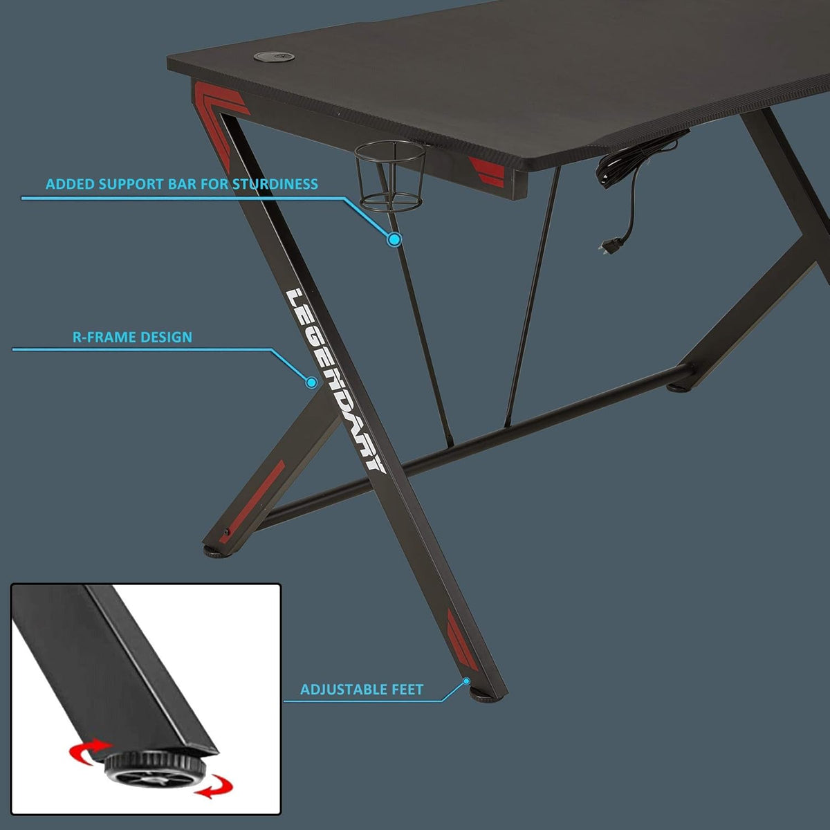 45 inch Carbon Fiber Gaming Desk with Headphone Hook, Cup Holder and Cable Management Holes G88012